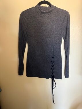 PattyBoutik Gray Mock Neck Side Lace-Up Long Sleeve Knit Top - Sm